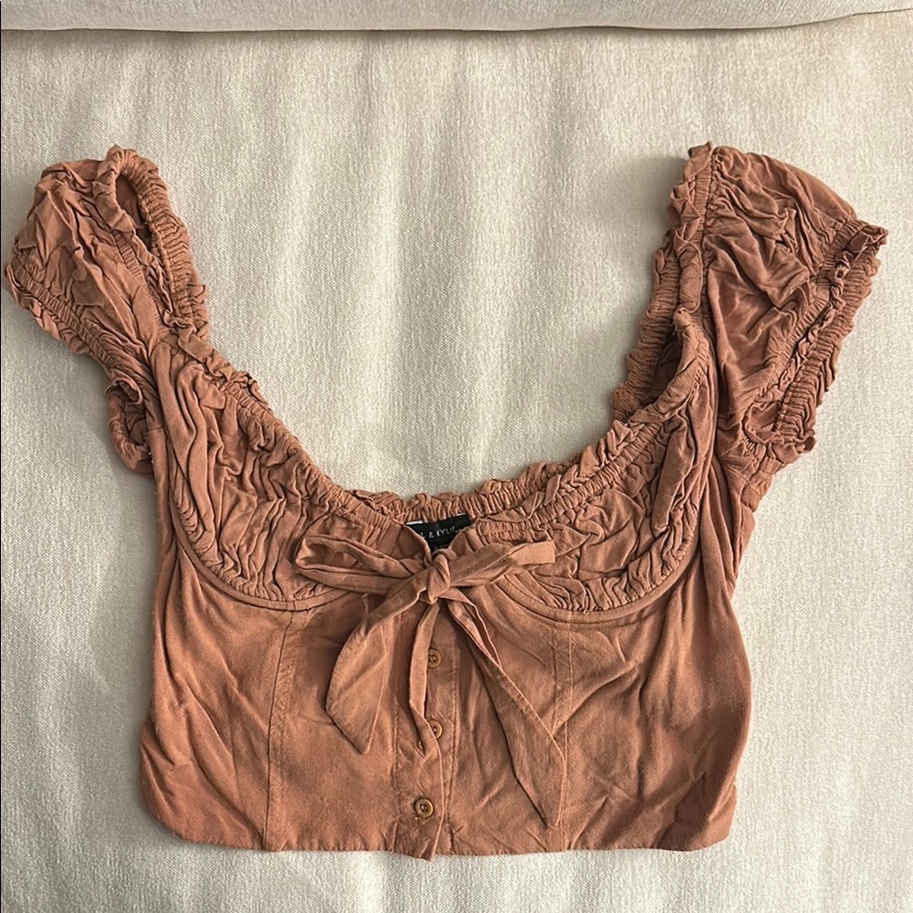 Kendall & Kylie Orange Pink Flutter Sleeve Blouse with Ruched Tie Front